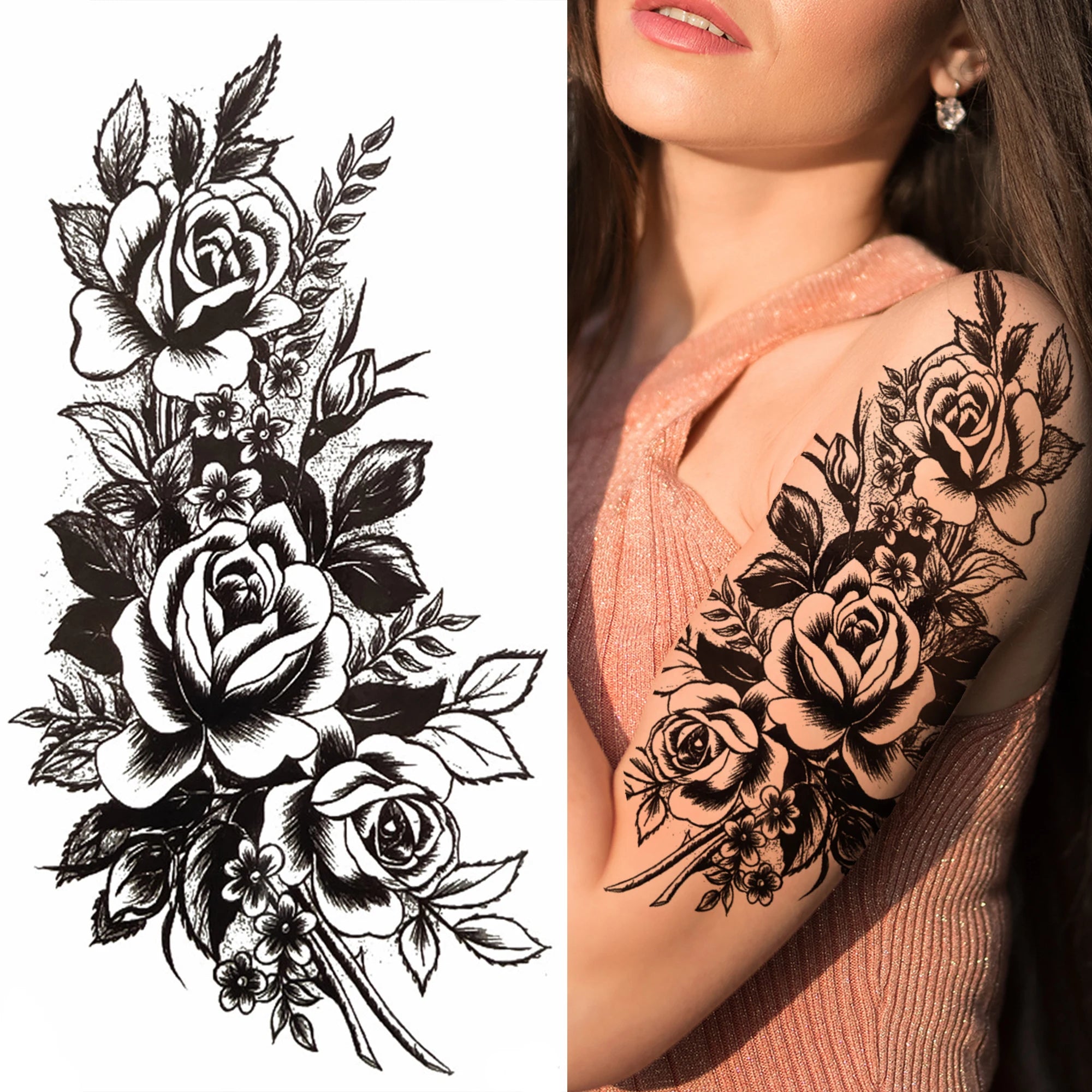 Qfdian Black Sexy Flower Waterproof Temporary Tattoos Sticker Rose Snake Lion Women Body Arm Painting Realistic Fake Tattoo