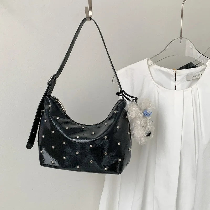 Qfdian Fashion Women Luxury Design Rivets Underarm Bag Punk All Match Office Lady Handbags Vintage Casual Shoulder Bags Y2k Aesthetic