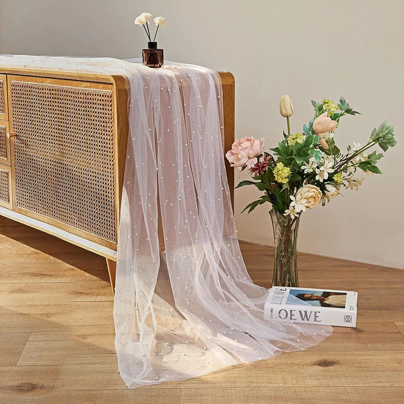 Qfdian Pearl Table Runner Gauze Chiffon White Wedding Arch Decoration Romantic Bridal Baby Shower for Holiday Party Birthday Cake Decor