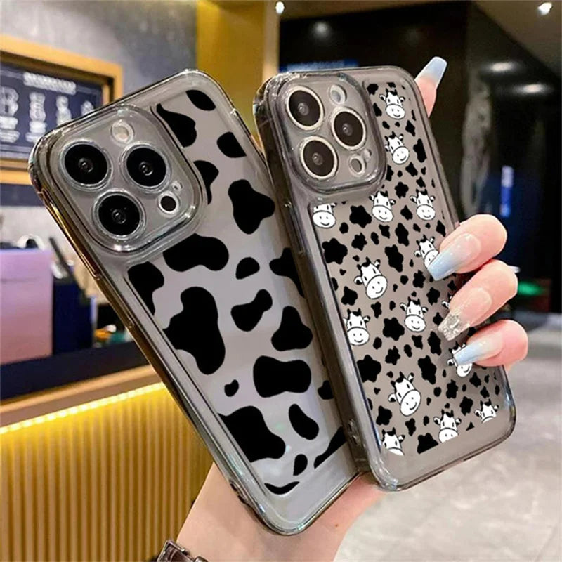 Qfdian Phone Case For iPhone 15 13 14 Pro Max 11 12 Pro Mini 7 8 Plus XR X XS Max SE 2022 Black Cow Print Clear TPU Shockproof Cover