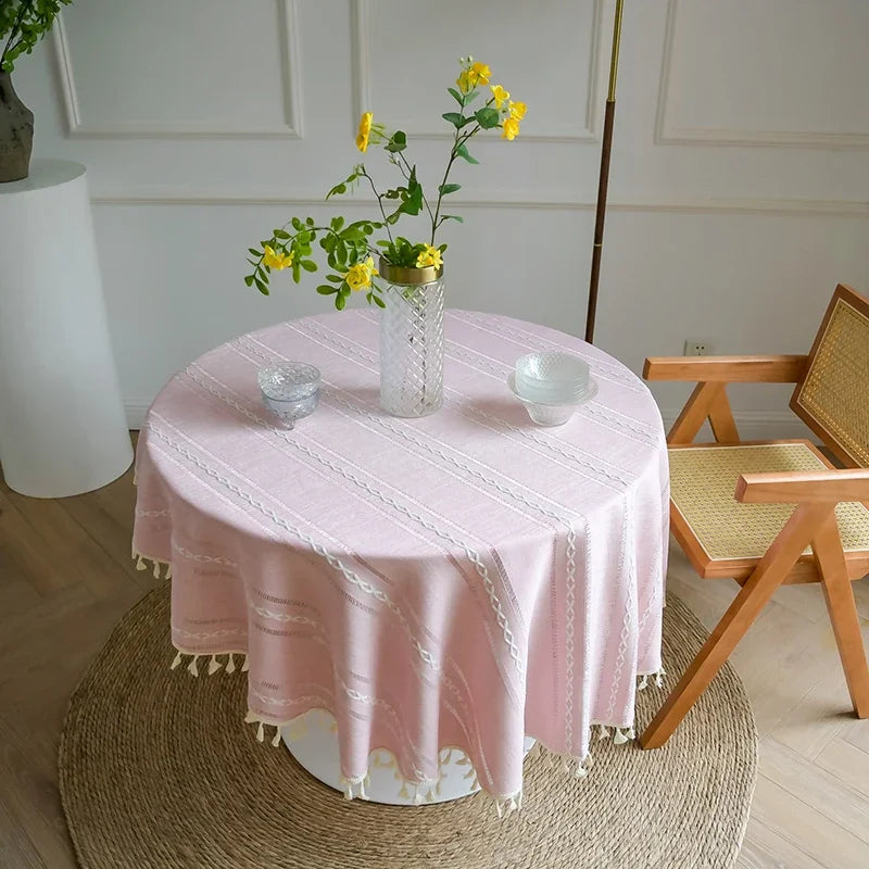 Qfdian Green Round Tablecloth Striped Embroidered Table Cover Farmhouse Tassel Table Cloth for Table Kitchen Dining Room Tabletop Decor