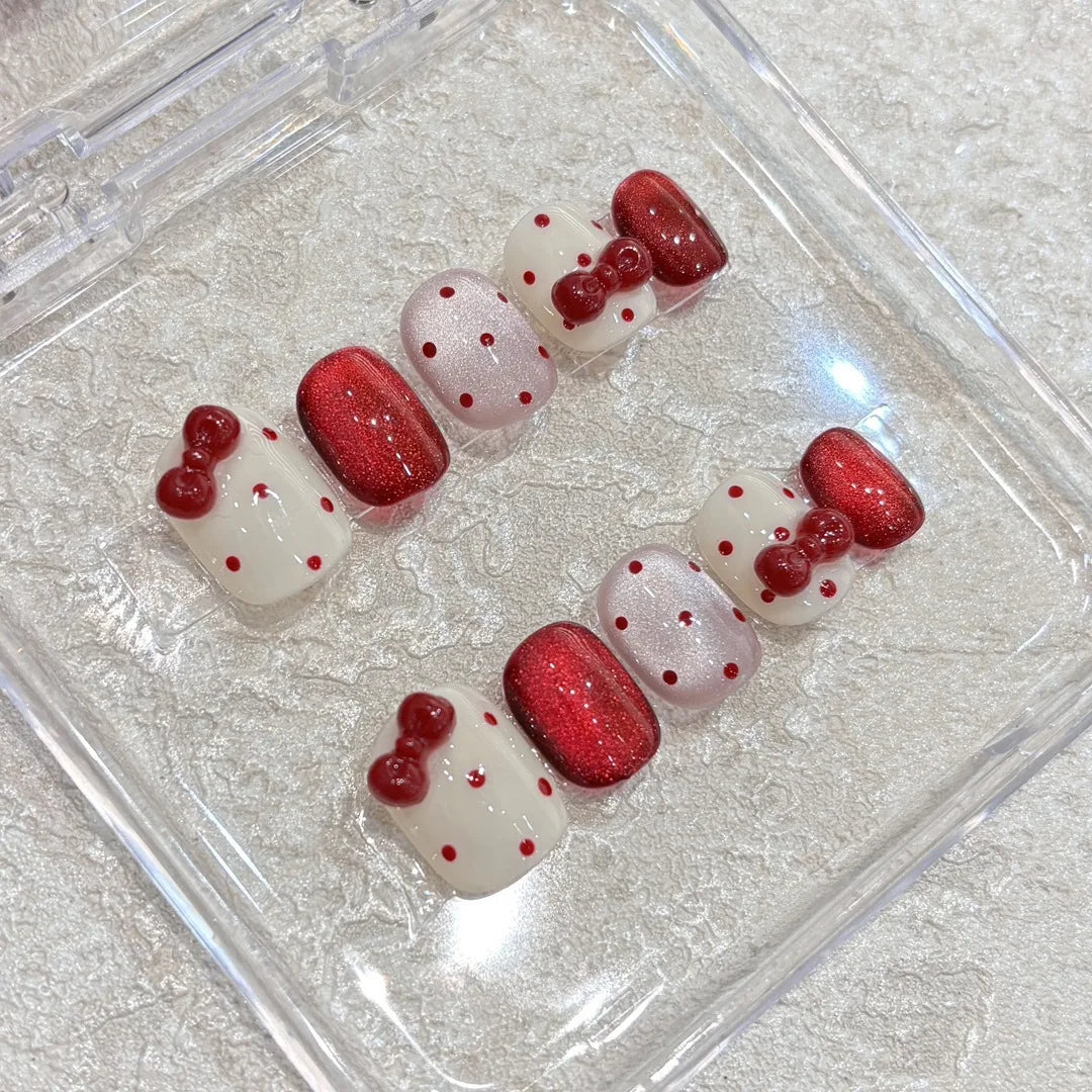 Qfdian 10pcs Handmade Short Cat Eye Dot Red Bow Removable Christmas Press on Nails Acrylic Cute Fake Nails Sweet False Nails for Hands
