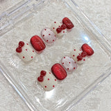 Qfdian 10pcs Handmade Short Cat Eye Dot Red Bow Removable Christmas Press on Nails Acrylic Cute Fake Nails Sweet False Nails for Hands