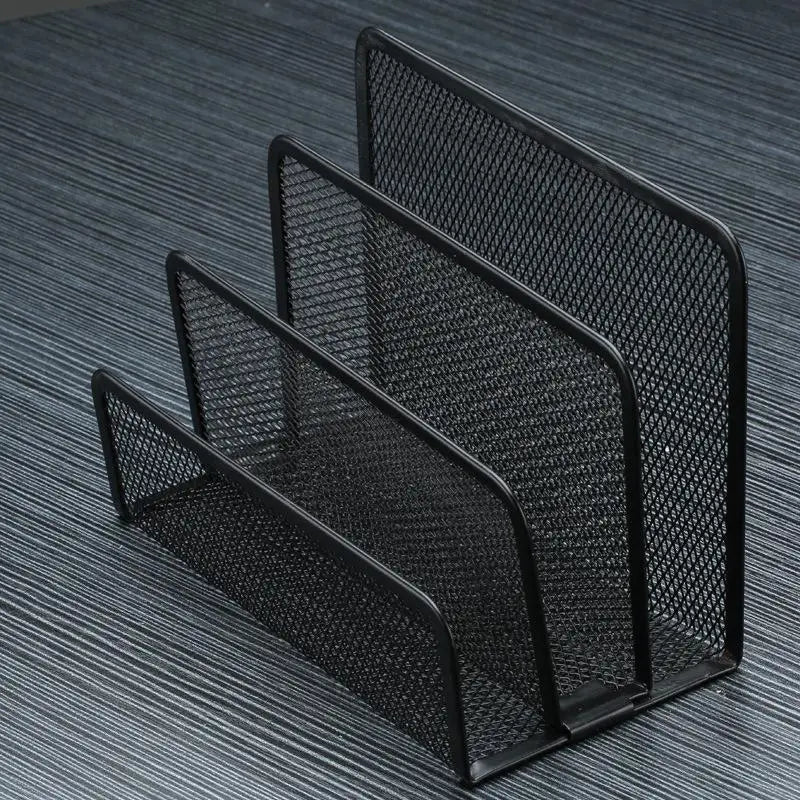 Qfdian 1 Pcs Black Desktop Office Storage Grid Metal Three-layer Business Card File Office Supplies Storage Rack