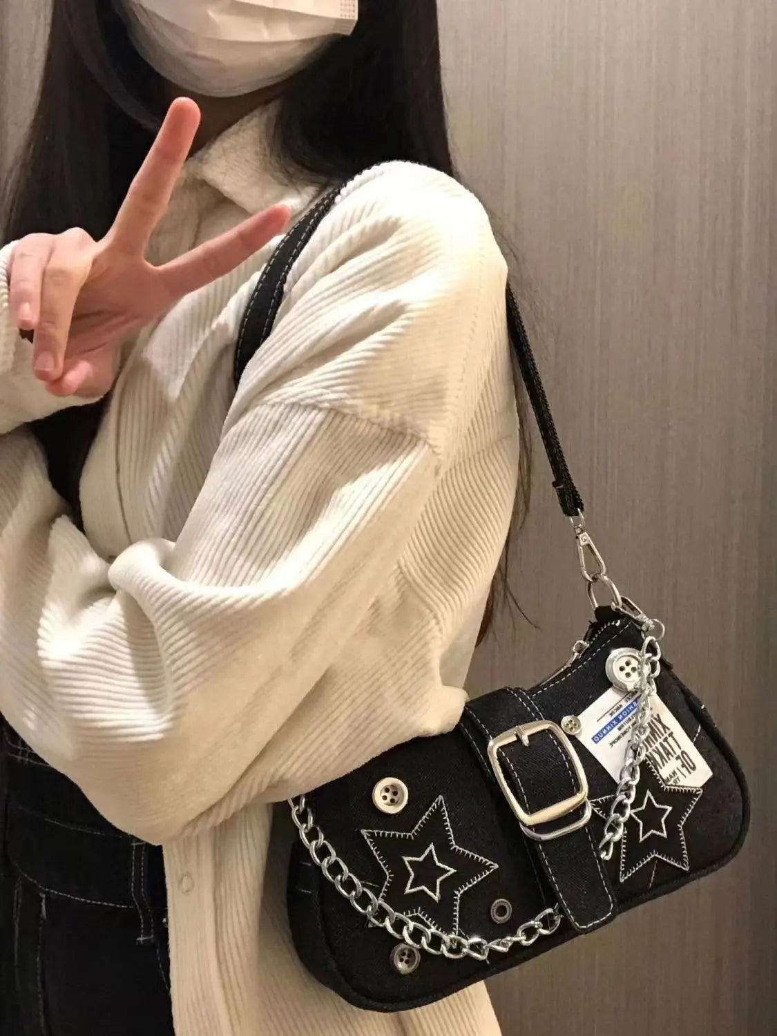 Qfdian Y2k Millennium Star Cowboy Underarm Bag Fashion Crescent Bag Canvas Handbag Chain Bag