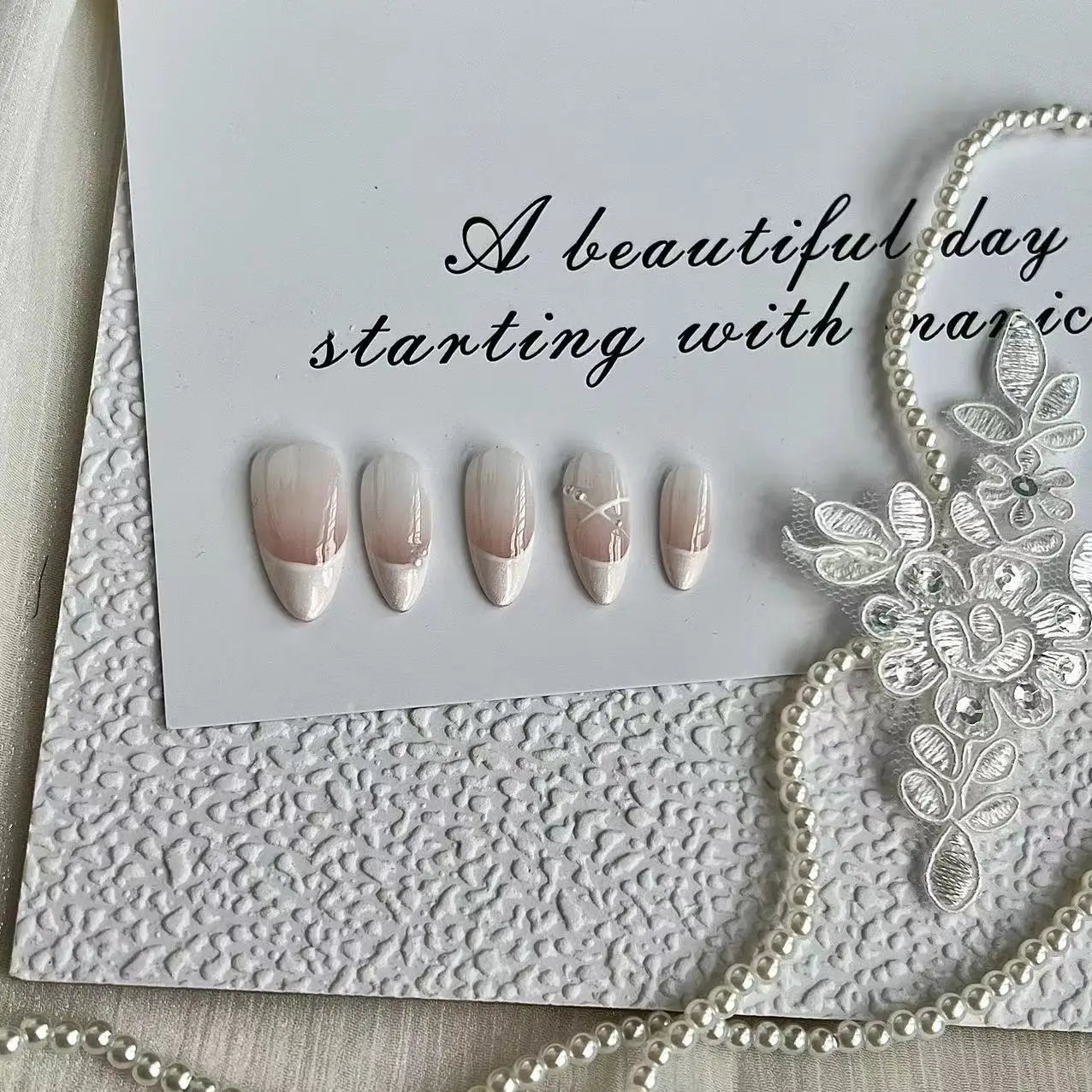 Qfdian Handmade Pink French False Press On Nails Full Cover Ballerina Almond Manicuree Decoration Wearable Artificial Nails