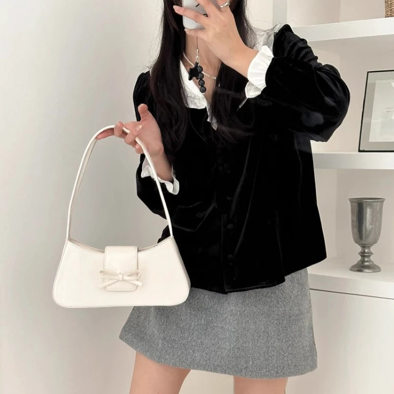 Qfdian Luxury Design All Match Y2k Aesthetic Bow Underarm Bag Women Fairy Elegant Shoulder Bags Office Lady Fashion Purses and Handbags