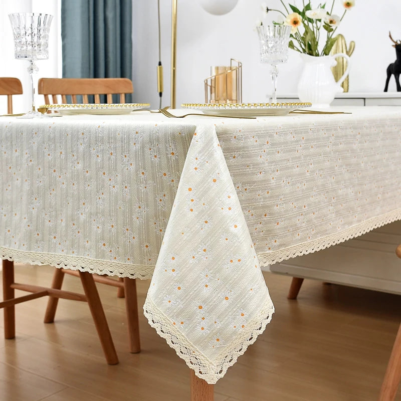 Qfdian Beige Daisy Lace Tassels Cotton Tablecloth Rectangle Table Cover for Tea Table Decorations Kitchen Living Room Wedding Party Use