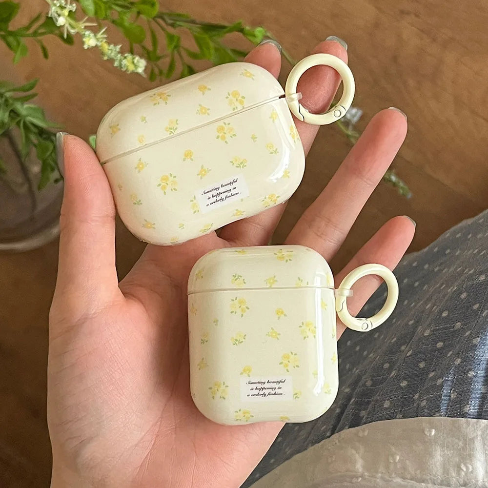 Qfdian Korea Cute Full Yellow Flower Gloss Soft Protection Case For Apple AirPods 1 2 3 4 Pro 2 Cover Shockproof Funda With Keychain