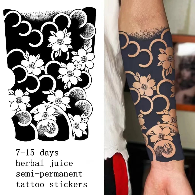 Qfdian Japanese Traditional Half Arm Herbal Juice Temporary Tattoo Stickers Sakura Leaf Lasting Art Fake Tattoo Men Women Faux Tatouage
