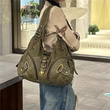 Qfdian Y2k Aesthetic Vintage Fashion Women's Handbags Casual Grunge Streetwear Shoulder Underarm Bag Female All Match Trendy Tote Bags
