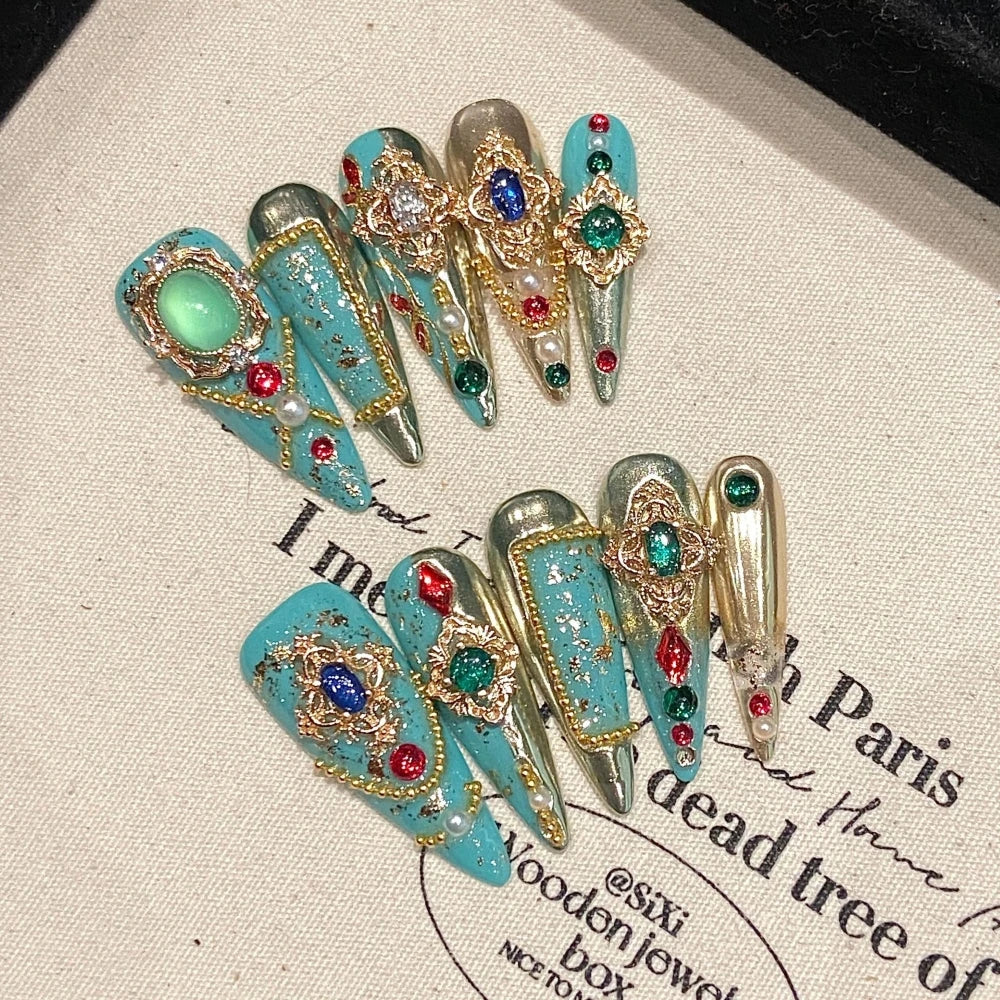 Qfdian 10Pcs High Quality Handmade Press on Nails Qingwu Yuanshan Green Spring/Summer Explosive Luxury Heavy Industry Niche Style Hot