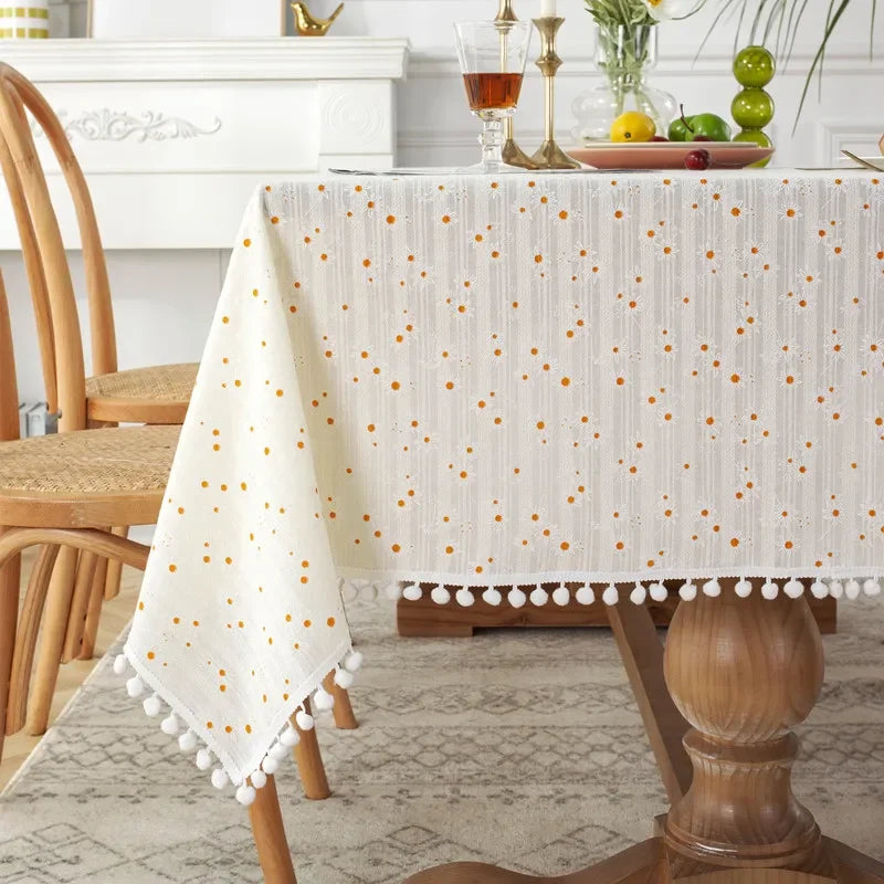 Qfdian Cotton Blend Tablecloth Beige Floral Printed Washable Farmhouse Table Cover for Wedding Party Living Room Baby Shower Decoration