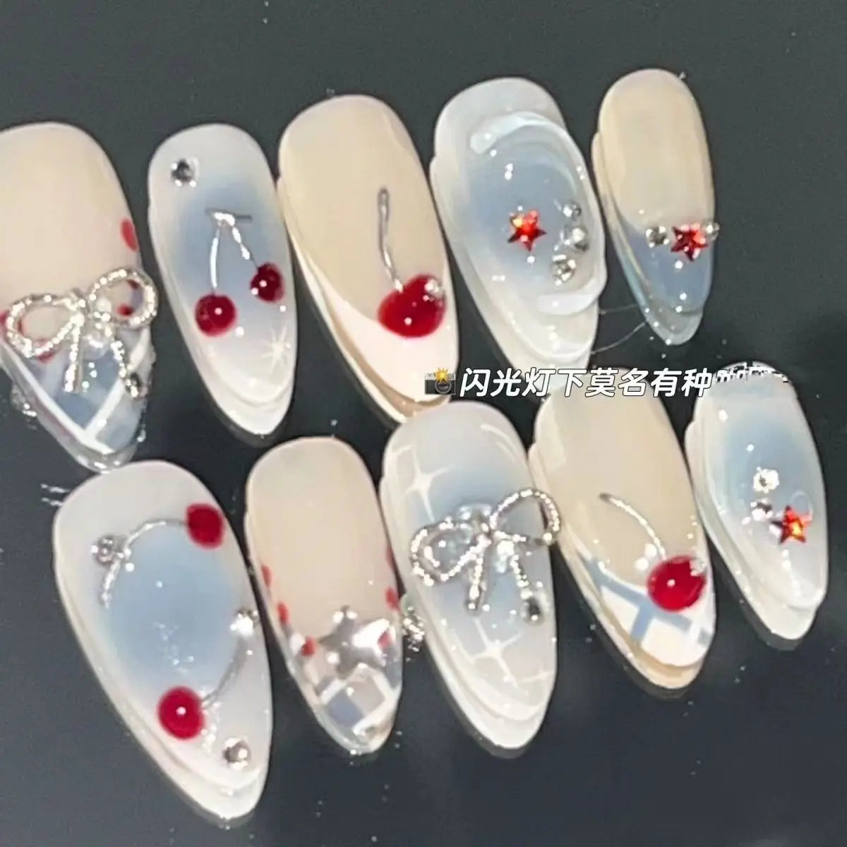 Qfdian 10Pcs Handmade Press on Nails French Almond Full Cover Cherries and Bow Design Fake Nails Sweet Cute Manicure Nail For Women