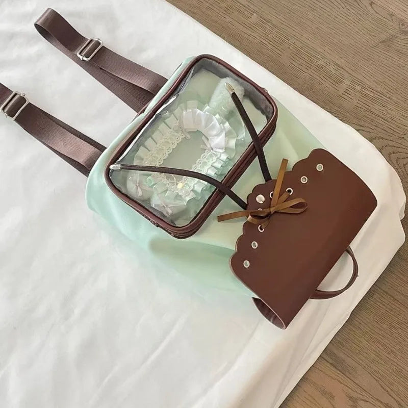 Qfdian Patchwork Contrast Color Zipper Bow Backpacks Fashion Sweet Kawaii Students Schoolbags Y2k Aesthetic Chic Transparent Schoolbags