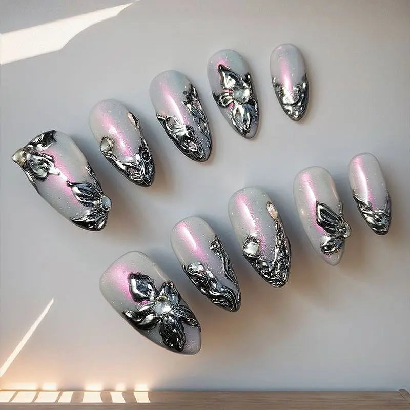 Qfdian 10pcs Handmade y2k Press on Nails Reusable Adhesive Almond Powder False Nail Manicure Fake Nails Art Gorgeous Medium-length Tips