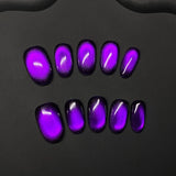 Qfdian 10PCS Handmade Short Oval Press on Nails Cat Eye Glitter False Nails Manicure Art for Wearable Adhesive Fake Nails Purple Tips