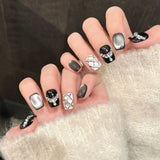 Qfdian 10pcs Luxury Handmade Press On Nails Short French Fake Nail Black Light Bulb Cat Eye Rhinestone Design Cool Fake Nails Wearable