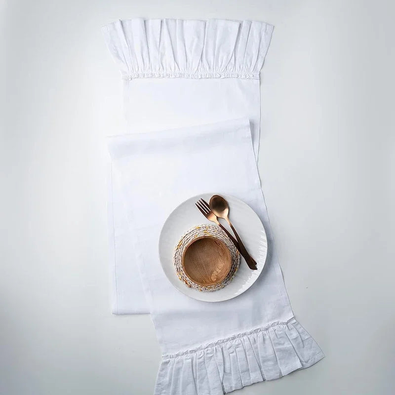 Qfdian 100% Cotton Ruffle White Table Runners for Rustic Wedding Decoration Baby Shower Birthday Party Living Room Kitchen Dinner Decor