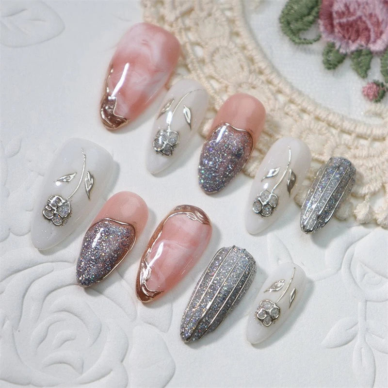 Qfdian Handmade Wearable Press On Nails Y2k Fairy Medium Almond Fake Nails Light Luxury Charms Fake Nails Manicure Ballerina Detachable