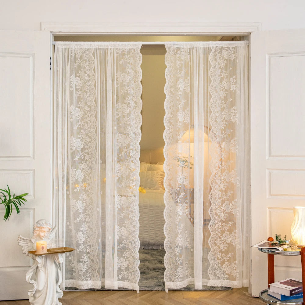 Qfdian Romantic Lace Sheer Rod Pocket Luxury Curtain Tulle French window bedroom Living room Partition Curtain Home Decor