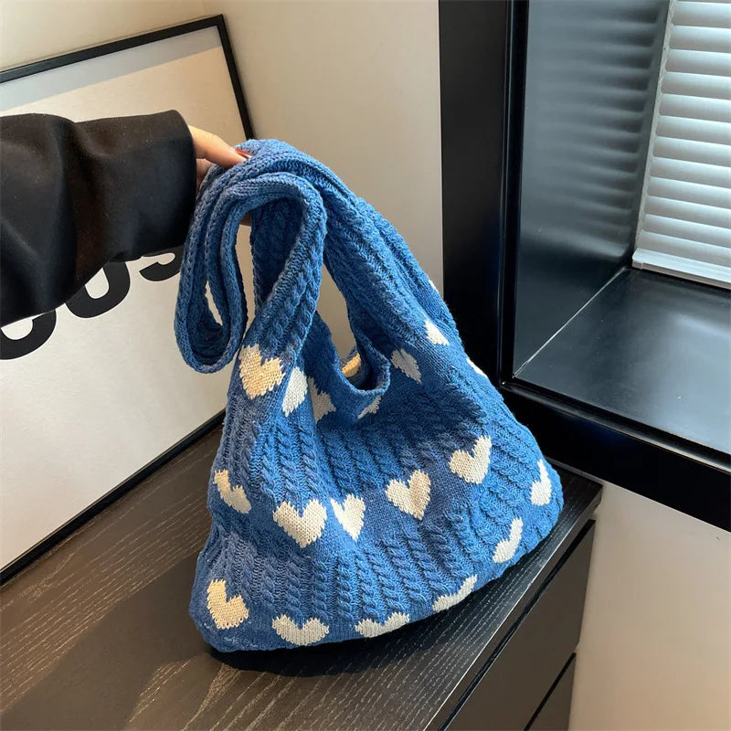Qfdian 1PC New Knitted Bag Women's Summer Handmade Woolen Underarm Tote Bag Love Shopping Beach Shoulder Bag