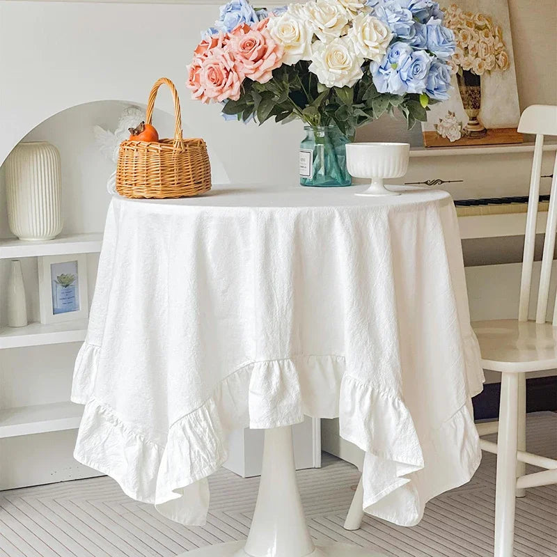 Qfdian White Round Table Cloths Retro Farmhouse Washable Fabric Table Covers for Restaurant Kitchen Wedding Party Christmas Decorations