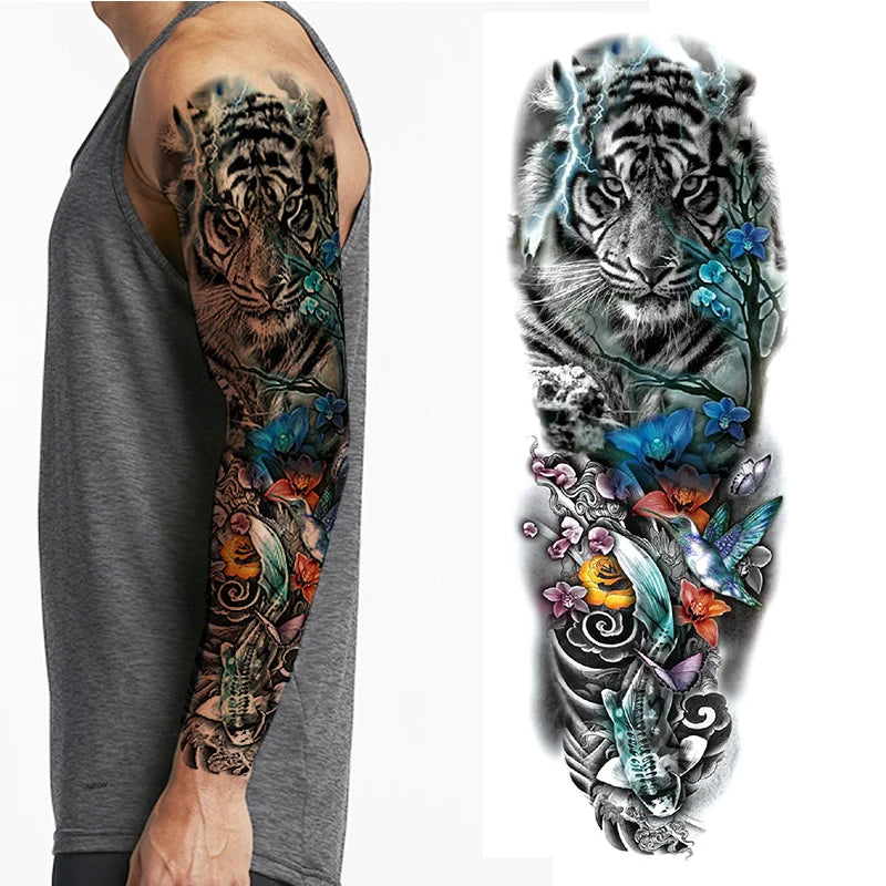 Qfdian Waterproof Full Arm Temporary Tattoo Sticker Tiger Lion Wolf Eye For Man Women Body Art Sleeve Flash Fake Shoulder Tatoo