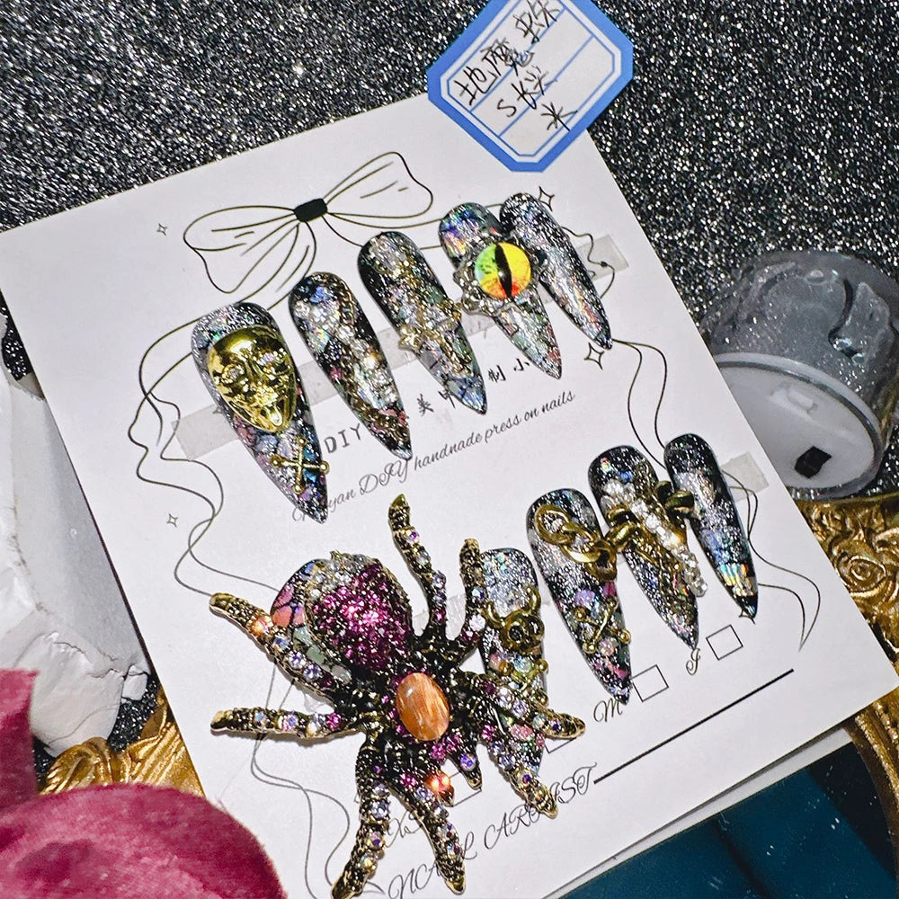 Qfdian 10Pcs High Quality Handmade Press on Nails Earth Demon Spider Dark Super Flash Exaggerated Spider Spicy Girl Personality Gothic