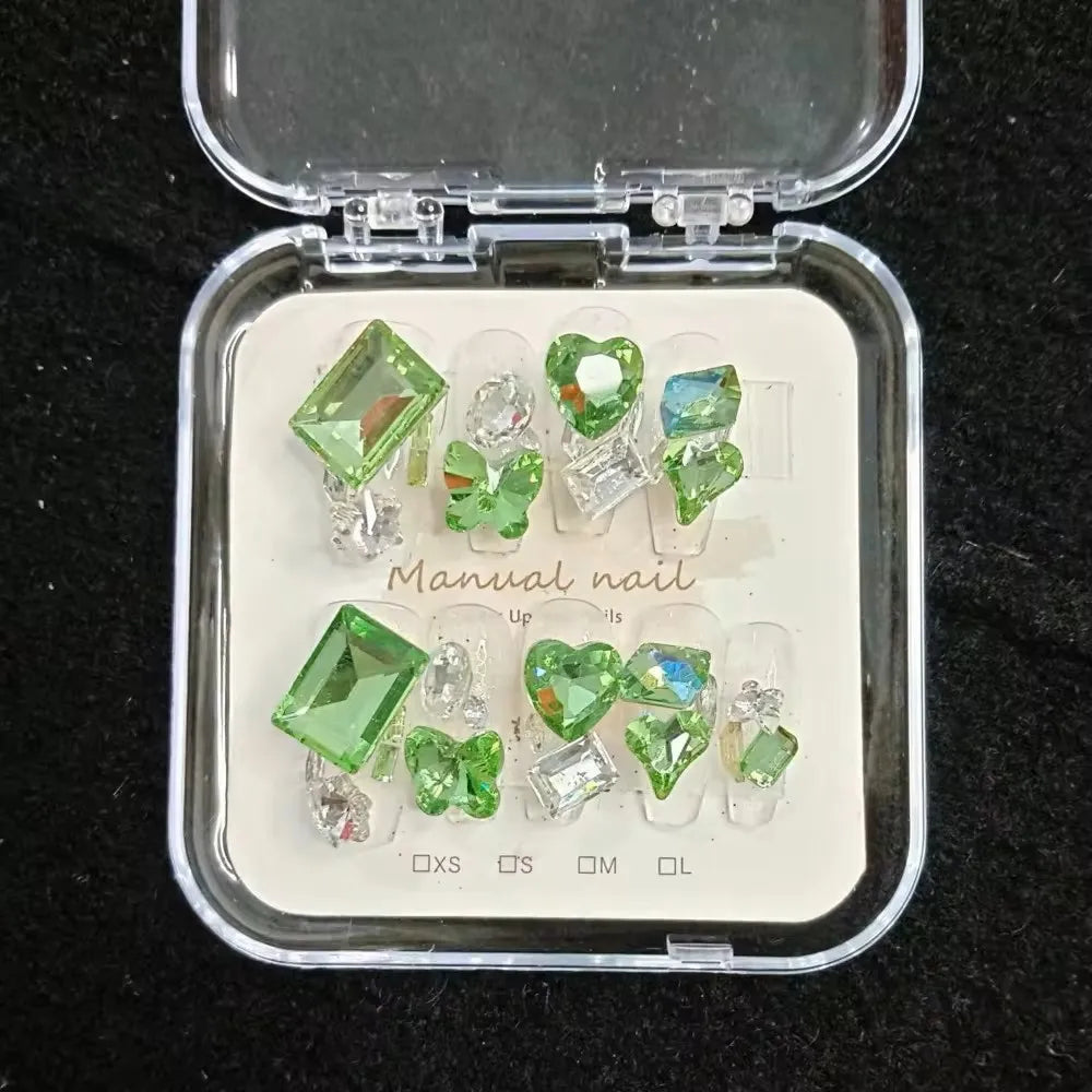 Qfdian 10pcs High Quality Handmade Press on Nails BLingBLing Green Starry Sky Shining Eyes Nail Equipment Nails for Kids Girl