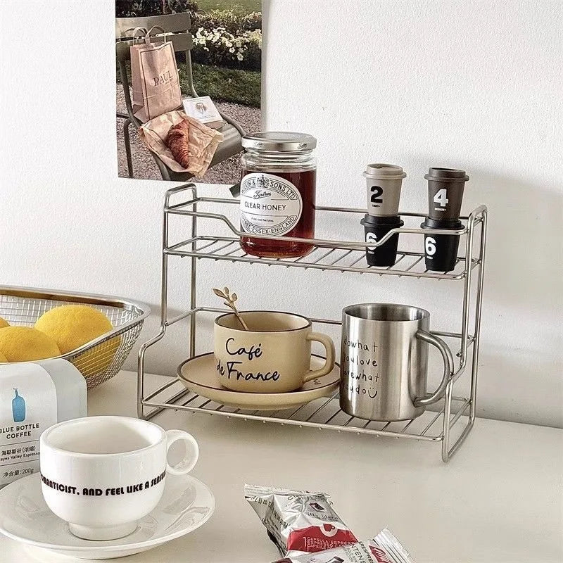 Qfdian Kitchen Countertop Storage Rack Spice Shelf Versatile Stainless Steel Storage Basket for Bathroom Toiletries Cup Organizer Racks