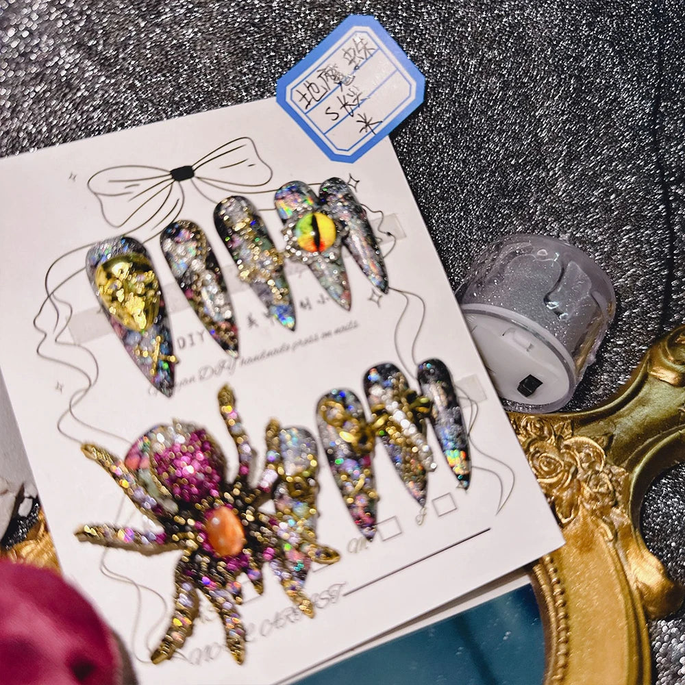 Qfdian 10Pcs High Quality Handmade Press on Nails Earth Demon Spider Dark Super Flash Exaggerated Spider Spicy Girl Personality Gothic