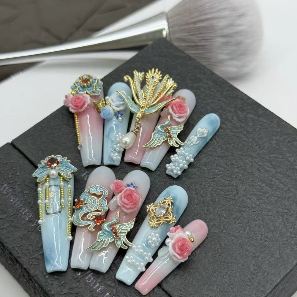 Qfdian 10Pcs High Quality Handmade Press on Nails Carved Retro Lace Rhinestone Full Setting Laser Glitter Stick-on Nail Art Retro Briti