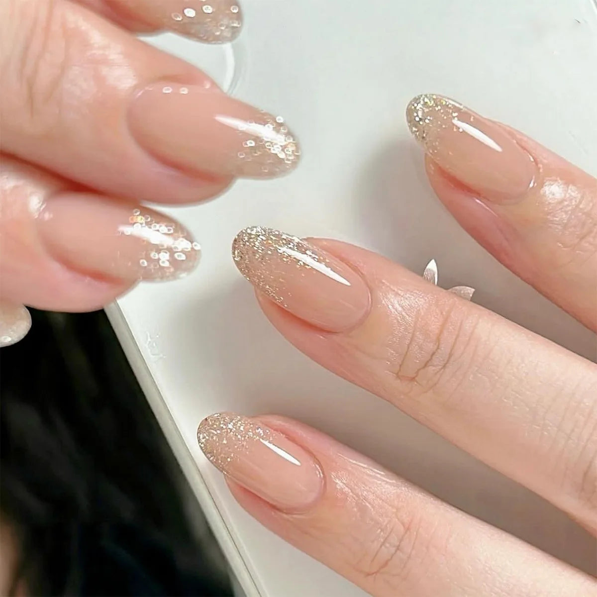 Qfdian 24Pcs Solid Nude Color Fake Nails with Jelly Glue Short Almond Press on False Nails Wearable Oval Finished Full Cover Nail Tips