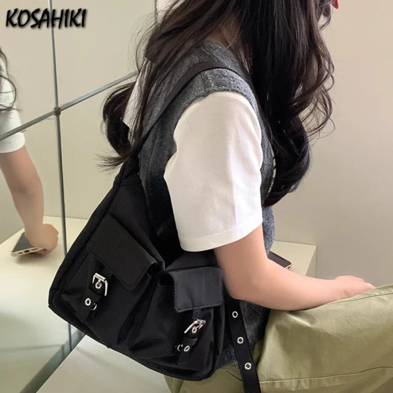 Qfdian Y2k Aesthetic Vintage Pockets Handbags All Match Women Streetwear Fashion Underarm Bag Simple Casual Chic Shoulder Bags Japanese