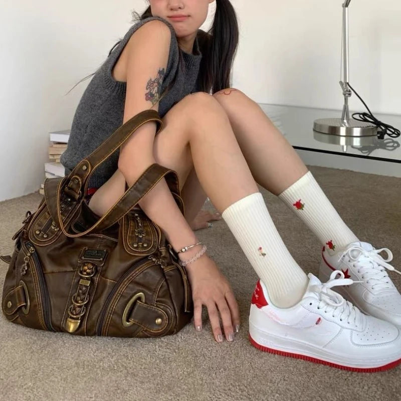 Qfdian Y2k Aesthetic Vintage Fashion Women's Handbags Casual Grunge Streetwear Shoulder Underarm Bag Female All Match Trendy Tote Bags