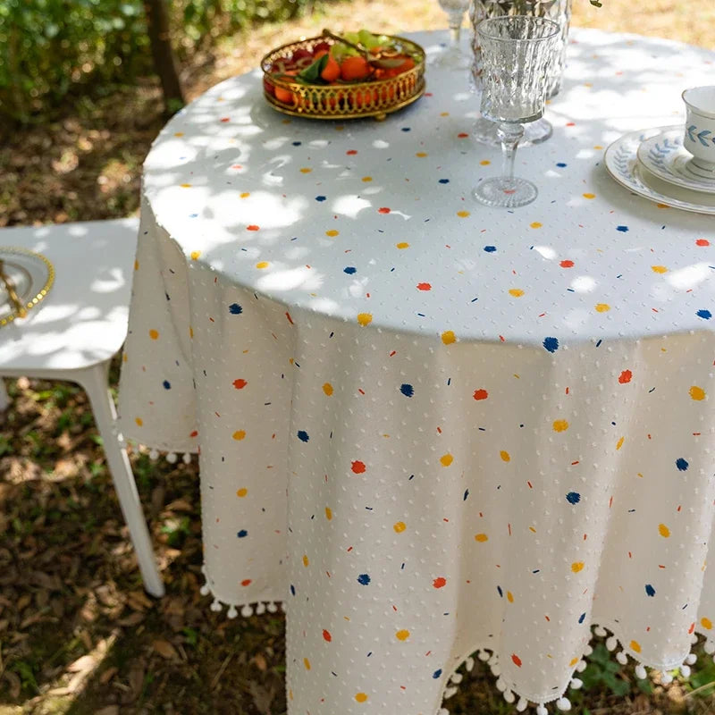 Qfdian Tassel Tablecloths Round Dust-Proof Cotton Fabric Table Cover for Living Room Kitchen Picnic Dinning Tabletop Decorations