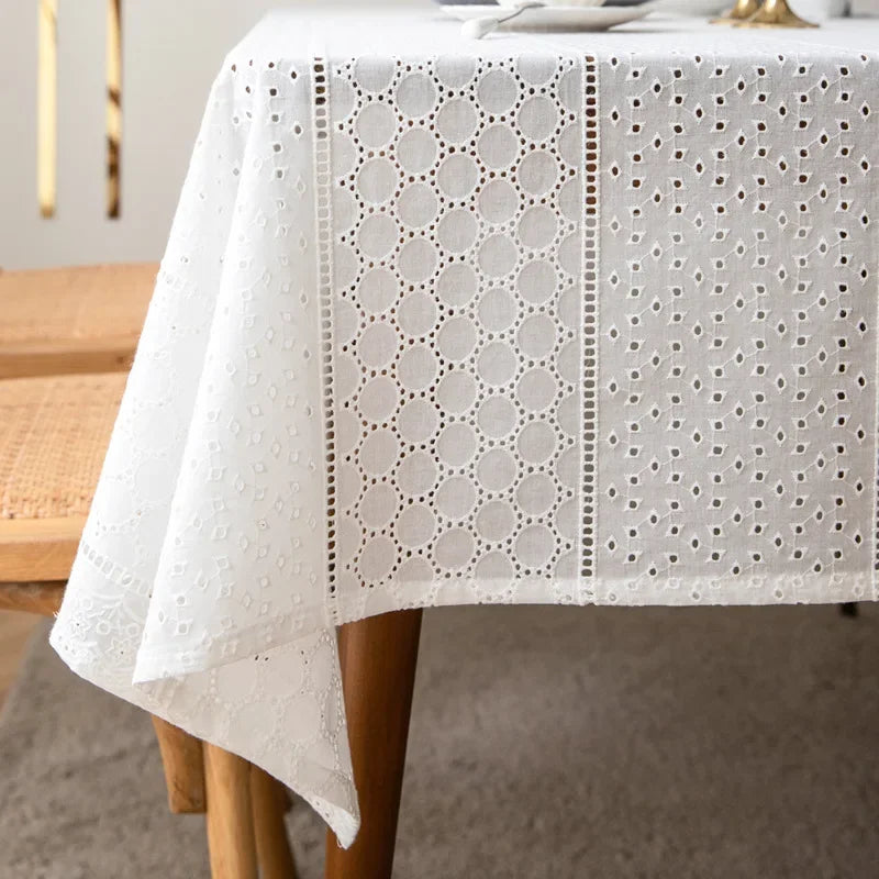 Qfdian White Cotton Tablecloths Lace Rectangle Dust-Proof Table Cover for Birthday Party Kitchen Dinner Baby Shower Wedding Decorations