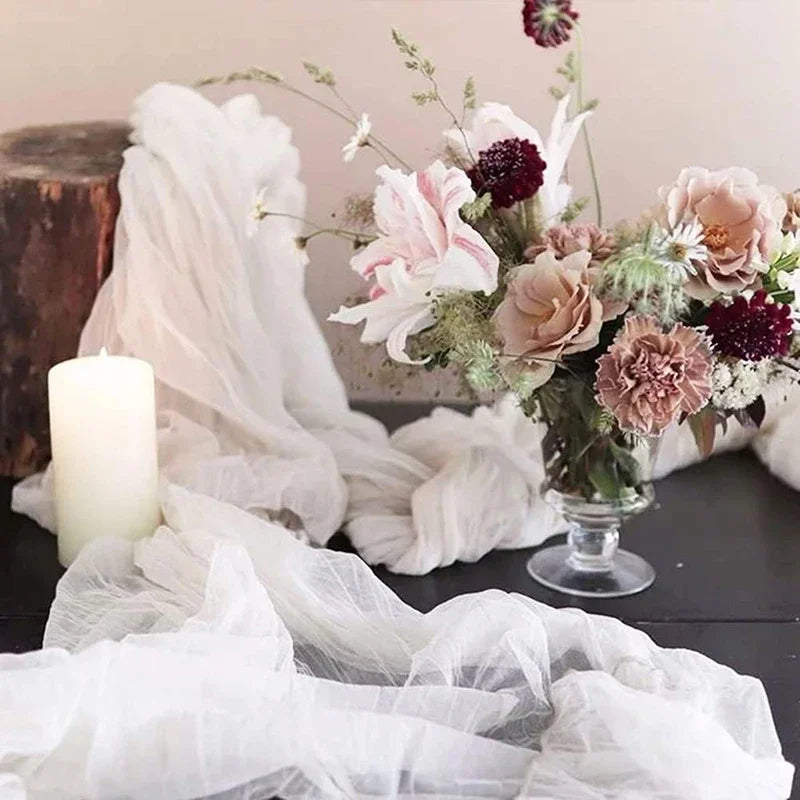 Qfdian 3pcs White Cheesecloth Table Runner Boho Gauze Cheese Cloth for Wedding Bridal Baby Shower Birthday Party Cake Table Decorations