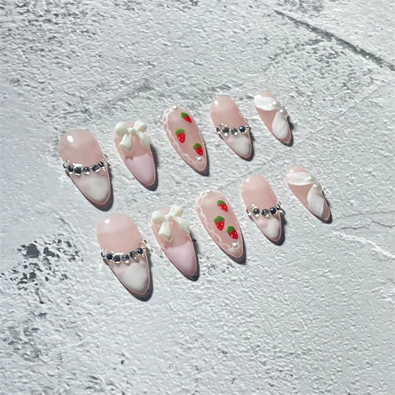 Qfdian 10Pcs Cute Handmade Press on Nails Full Cover French Bowtie Design Almond False Nails Strawberry Manicure Wearable Nail Tips Art