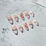 Qfdian 10Pcs Cute Handmade Press on Nails Full Cover French Bowtie Design Almond False Nails Strawberry Manicure Wearable Nail Tips Art