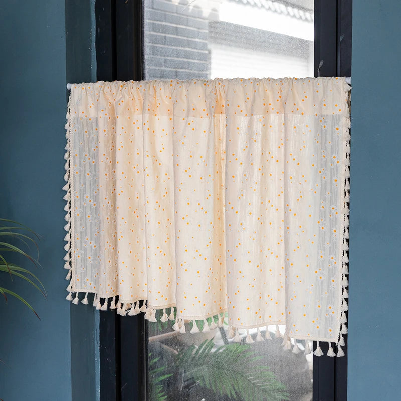 Qfdian Korean Daisy Curtain Road Pocket Shade Bohemian Tassel Curtain for Kitchen Bedroom Living Room Kids Semi Blackout Window Curtain