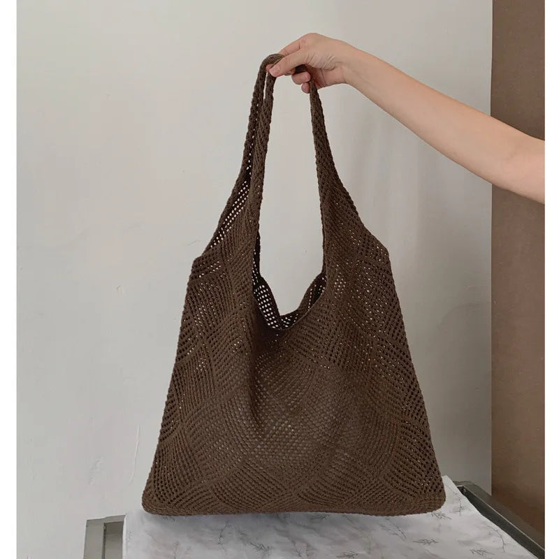Qfdian Women Handbag Summer Hollow-out Bead Tote Bag Bucket Shoulder Bag Female Reticulate Netted Canvas Beach Handbag