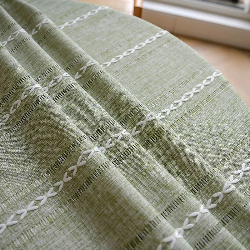 Qfdian Green Round Tablecloth Striped Embroidered Table Cover Farmhouse Tassel Table Cloth for Table Kitchen Dining Room Tabletop Decor