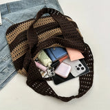 Qfdian Ladies' woven bag, niche design, striped knitted bag, simple hollow out hand-held shoulder bag, sports handbag
