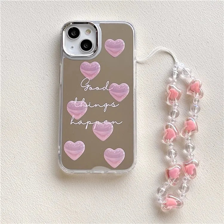 Qfdian Pink Heart Silver Plated Mirror Case For iPhone 11 12 13 Pro Max 14 15 Pro Max Silicone Drop Protection Case