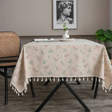 Qfdian Retro Small Flowers Rectangle Tablecloths Tassel Polyester Cotton Printed Table Covers for Living Room Kitchen Dining Decoration