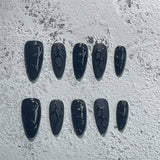 Qfdian Handmade Press on Nails Short Black Simple Reusable Adhesive False Nails Artifical Acrylic Full Cover Manicure Nail Tips Kit