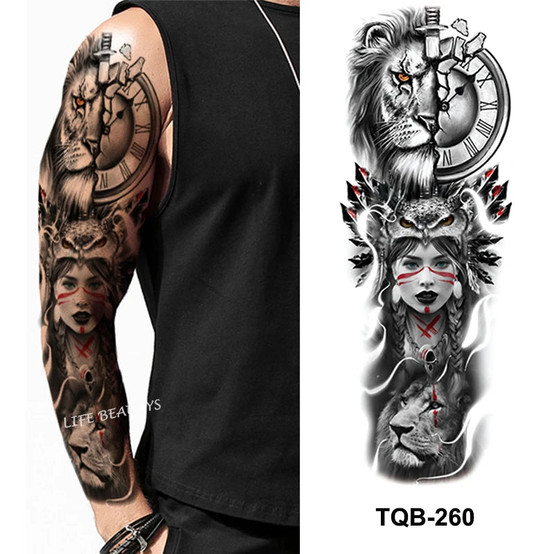 Qfdian Waterproof Full Arm Temporary Tattoo Sticker Tiger Lion Wolf Eye For Man Women Body Art Sleeve Flash Fake Shoulder Tatoo