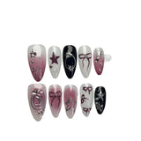 Qfdian 10pcs Handmade Press on nails sweet cool y2k black nails press ons short almond fake nails metallic false nails tips